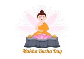 glückliche makha bucha tag vorlage handgezeichnete cartoon flache illustration buddha sitzt in lotusblüte unter bodhi baum nachts umgeben von mönch vektor