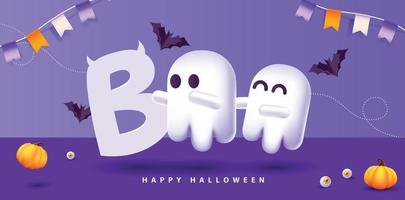 Halloween-Banner-Design mit niedlicher Ghost-Boo-Typografie und festlichen Halloween-Elementen aus Kürbissen vektor