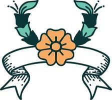 Traditionelles Tattoo mit Banner einer dekorativen Blume vektor
