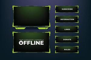 Live-Gaming-Overlay-Design mit Schaltflächen und Bildschirmfeldern für Online-Gamer. Spielbildschirm-Overlay-Dekoration mit futuristischen Formen. Live-Streaming-Überlagerungsvektor mit grünen und dunklen Farben.