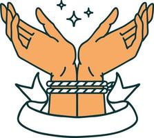 Traditionelles Tattoo mit dem Banner eines Paares gefesselter Hände vektor