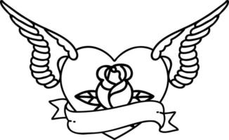 Tattoo im schwarzen Linienstil eines fliegenden Herzens mit Blumen und Banner vektor