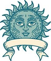 Traditionelles Tattoo mit Banner einer Sonne mit Gesicht vektor