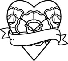 tatuering i svart linje stil av en hjärta och baner med blommor vektor