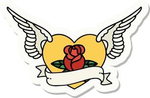 klistermärke av tatuering i traditionell stil av en flygande hjärta med blommor och baner vektor