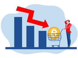 geschäftsmann stress bitcoin preis nach unten börse bitcoin preis fallen diagramm fallende wirtschafts- und finanzkrise flaches vektorkonzept vektor