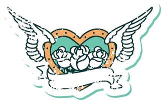 ikonisches, beunruhigtes Bild im Tattoo-Stil eines fliegenden Herzens mit Blumen und Banner vektor