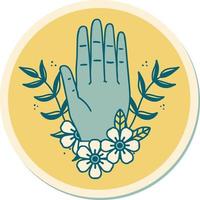 klistermärke av tatuering i traditionell stil av en hand och blomma vektor