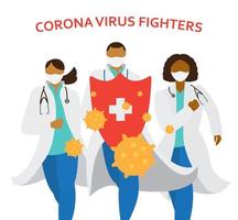 ärzte in masken und uniform halten einen großen schild gegen das corona-virus. Mediziner verschiedener Rassen laufen. Vektor-Illustration. vektor