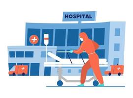 läkare i skyddande Kläder med tömma medicinsk säng i främre av sjukhus byggnad. platt vektor illustration.