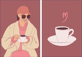 eine Reihe von Postern zum Thema Kaffee. Ein junges Mädchen trinkt Kaffee. Layout für ein Café. vektor