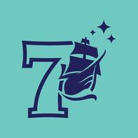 Nummer 7 altes Segelboot-Logo vektor