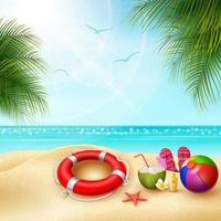 dess sommar tid. se av grejer på de strand - boll, livboj, toffel och sjöstjärna på en solig sommar dag vektor