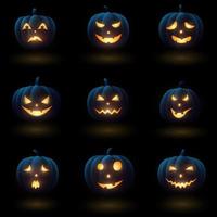 Reihe von Halloween-Kürbissen mit verschiedenen Gesichtern vektor
