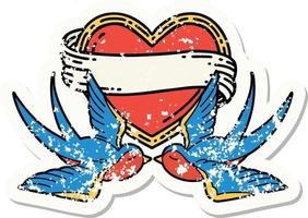 Distressed Sticker Tattoo im traditionellen Stil von Schwalben und einem Herz mit Banner vektor