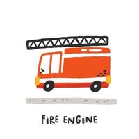 Feuerwehrauto. hand gezeichnete illustration im karikaturstil. Spielzeug transportieren. süßes konzept für kinderdruck. illustration für das design postkarte, textilien, bekleidung vektor