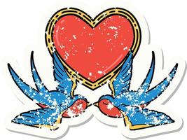 Distressed Sticker Tattoo im traditionellen Stil von Schwalben und einem Herz vektor