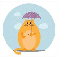 lustige fette katze unter einem kleinen regenschirm im flachen stil. Herbst kalte Herbstzeit. vektor