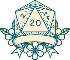 Retro-Tattoo-Stil natürliche 20 kritische Treffer d20 Würfelwurf vektor