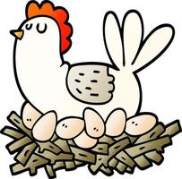 vektor lutning illustration tecknad serie kyckling på bo av ägg