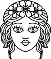 Tätowierung im schwarzen Linienstil des weiblichen Gesichts mit Blumenkrone vektor
