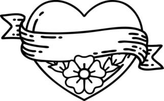 Tätowierung im schwarzen Linienstil eines Herzens und eines Banners mit Blumen vektor