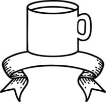 traditionelles schwarzes linientattoo mit banner einer tasse kaffee vektor