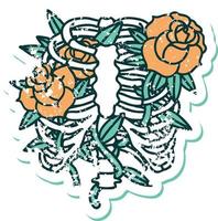 ikonisches, beunruhigtes Bild im Tattoo-Stil eines Brustkorbs und Blumen vektor