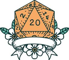 Retro-Tattoo-Stil natürliche 20 kritische Treffer d20 Würfelwurf vektor