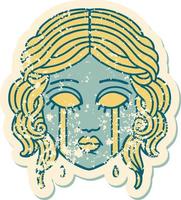ikonisches beunruhigtes Aufkleber-Tätowierungs-Stilbild des weiblichen Gesichtes, das weint vektor