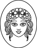 tatuering i svart linje stil av en jungfru med krona av blommor vektor