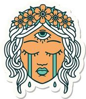 klistermärke av tatuering i traditionell stil av kvinna ansikte med mystiker tredje öga gråt vektor