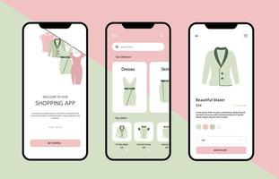 modernes und professionelles mobiles app-ui-design für den e-commerce der modebranche, der online auf farbigem hintergrund einkauft vektor