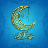 ramadan kareem hälsning kort med gyllene halvmåne islamic symbol och arabicum kalligrafi vektor