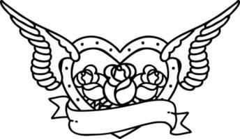 tatuering i svart linje stil av en flygande hjärta med blommor och baner vektor