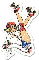 Distressed Sticker Tattoo im traditionellen Stil eines Pinup Roller Derby Girl mit Banner vektor