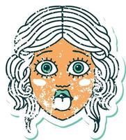 ikonisches, verzweifeltes Bild im Tattoo-Stil eines weiblichen Gesichts, das die Zunge herausstreckt vektor