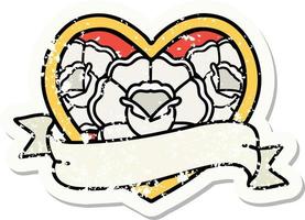 Distressed Sticker Tattoo im traditionellen Stil eines Herzens und eines Banners mit Blumen vektor