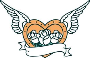 ikonisches Bild im Tattoo-Stil eines fliegenden Herzens mit Blumen und Banner vektor