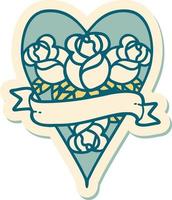 Tattoo-Aufkleber im traditionellen Stil eines Herzens und Banner mit Blumen vektor