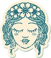 ikonisches Distressed Sticker Tattoo Style Bild des weiblichen Gesichts mit geschlossenen Augen vektor