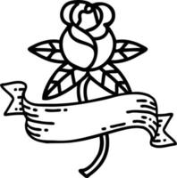 Tätowierung im schwarzen Linienstil einer Rose und eines Banners vektor