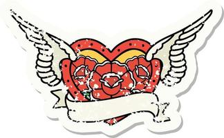 bedrövad klistermärke tatuering i traditionell stil av en flygande hjärta med blommor och baner vektor