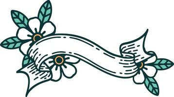 ikonisches Tattoo-Stil-Bild eines Banners und Blumen vektor