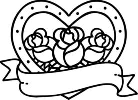 Tätowierung im schwarzen Linienstil eines Herzens und eines Banners mit Blumen vektor