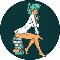 ikonisches Bild im Tattoo-Stil eines Pinup-Mädchens, das auf Büchern sitzt vektor