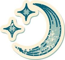 ikonisches, beunruhigtes Aufkleber-Tattoo-Stilbild eines Mondes und von Sternen vektor