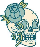 ikonisches Tattoo-Stil-Bild eines Schädels und einer Rose vektor