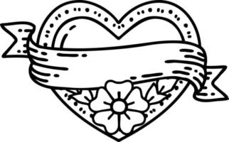 tatuering i svart linje stil av en hjärta och baner med blommor vektor