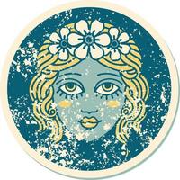 ikoniska bedrövad klistermärke tatuering stil bild av kvinna ansikte med krona av blommor vektor